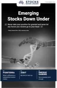Emerging Stocks Down Under 17 November 2020: Pointerra, Zebit, Emerge Gaming