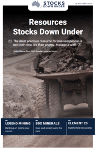 Resources Stocks Down Under: Legend Mining, BBX Minerals, Element 25