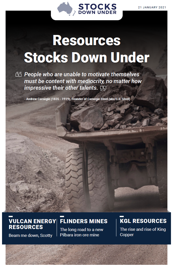 Resources Stocks Down Under: Vulcan Energy Resources, Flinders Mines, KGL Resources