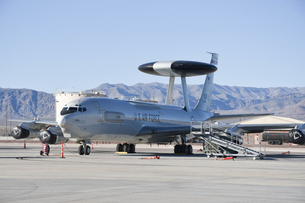 The E-3 Sentry Airborne Warning and Control System prepares for a mission in support of RED FLAG on Feb. 3, 2020 at Nellis Air Force Base, Nevada. While the AWACS belongs to the 552nd Air Control Wing at Tinker Air Force Base, the mission was supported by the 552nd Maintenance Squadron, 552nd Aircraft Maintenance Squadron, the 960th Airborne Air Control Squadron and the 72nd Security Forces Squadron.