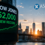 Dow Jones board showing record close above 52,000 as the ASX barely follows