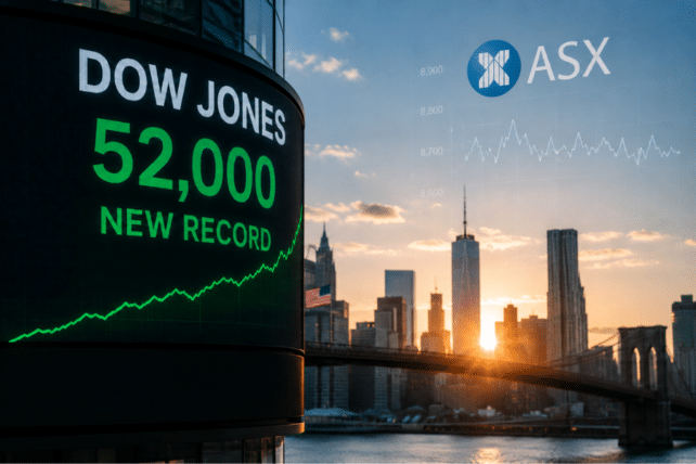 Dow Jones board showing record close above 52,000 as the ASX barely follows