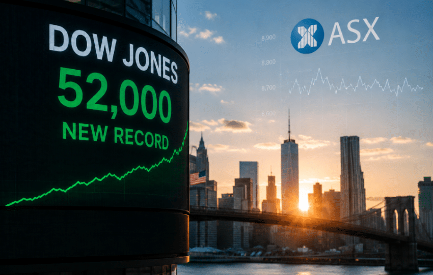Dow Jones board showing record close above 52,000 as the ASX barely follows